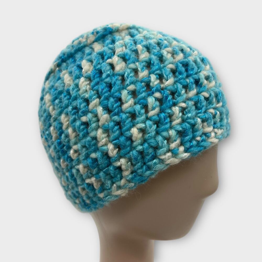 Crochet Blue White Glitter Shimmer‎ Woven Beanie Cap Hat Winter Hat X-Small
